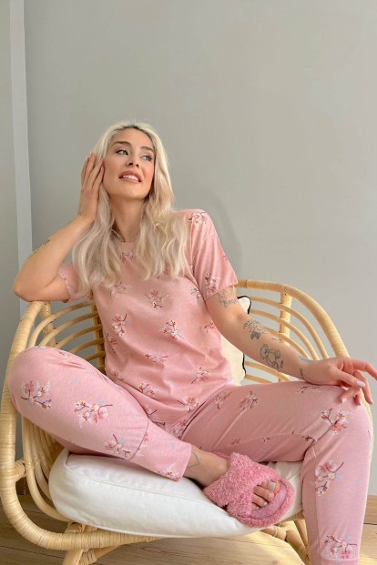 Pink Blume Baskılı Kısa Kollu Kadın Pijama Takımı - 2