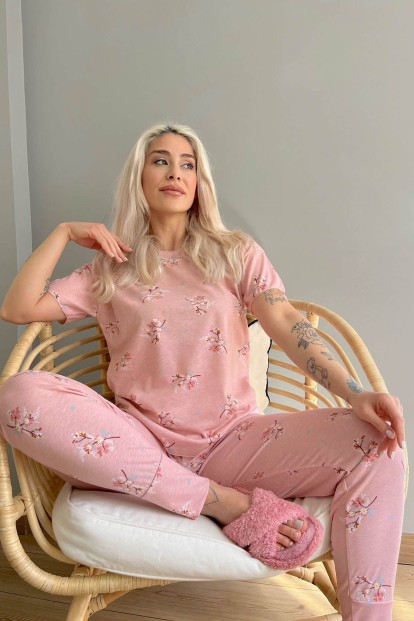 Pink Blume Baskılı Kısa Kollu Kadın Pijama Takımı - 3