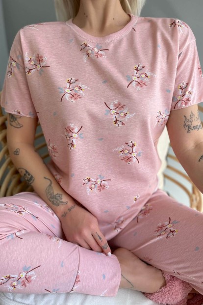 Pink Blume Baskılı Kısa Kollu Kadın Pijama Takımı - 4