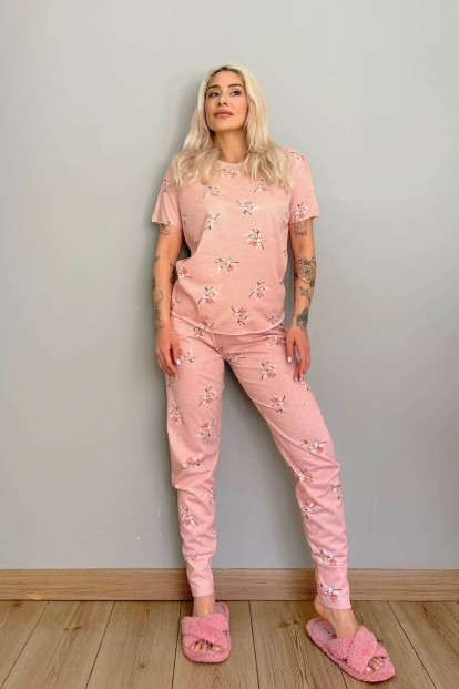 Pink Blume Baskılı Kısa Kollu Kadın Pijama Takımı - 5
