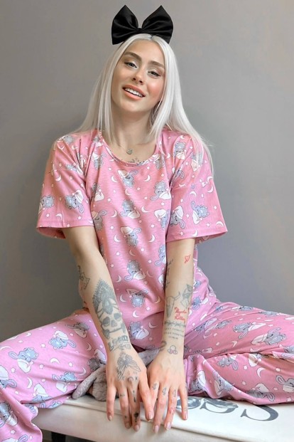 Pink Capped Rabbit Baskılı Kısa Kollu Kadın Pijama Takımı - 1