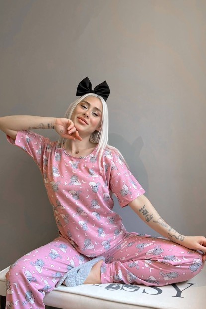 Pink Capped Rabbit Baskılı Kısa Kollu Kadın Pijama Takımı - 2