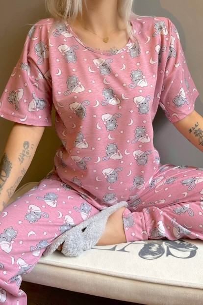 Pink Capped Rabbit Baskılı Kısa Kollu Kadın Pijama Takımı - 4