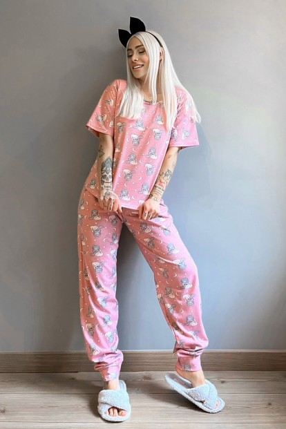 Pink Capped Rabbit Baskılı Kısa Kollu Kadın Pijama Takımı - 5
