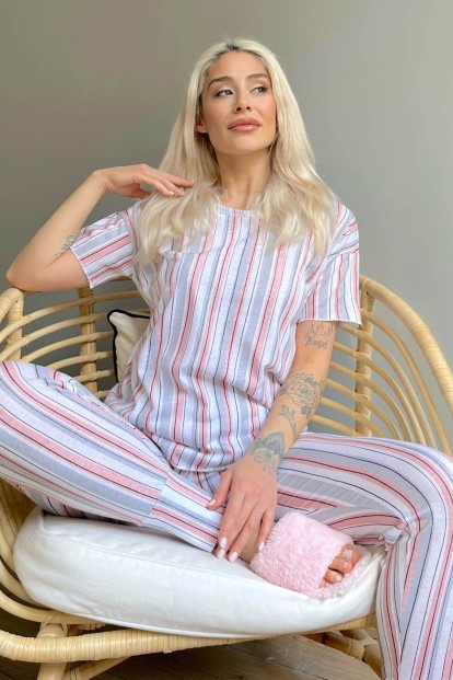 Pink Linie Baskılı Kısa Kollu Kadın Pijama Takımı - 1