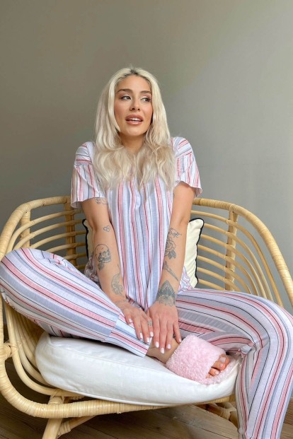 Pink Linie Baskılı Kısa Kollu Kadın Pijama Takımı - 2