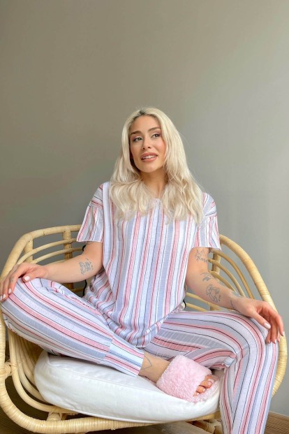 Pink Linie Baskılı Kısa Kollu Kadın Pijama Takımı - 3