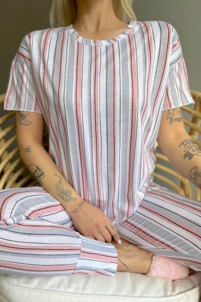 Pink Linie Baskılı Kısa Kollu Kadın Pijama Takımı - 4