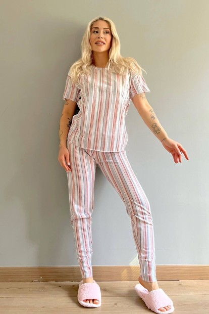 Pink Linie Baskılı Kısa Kollu Kadın Pijama Takımı - 5