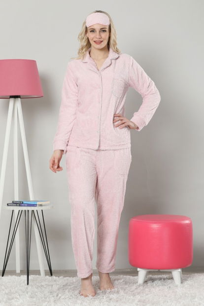 Pink One Tam Peluş Önden Düğmeli Kadın Pijama Takımı - 1