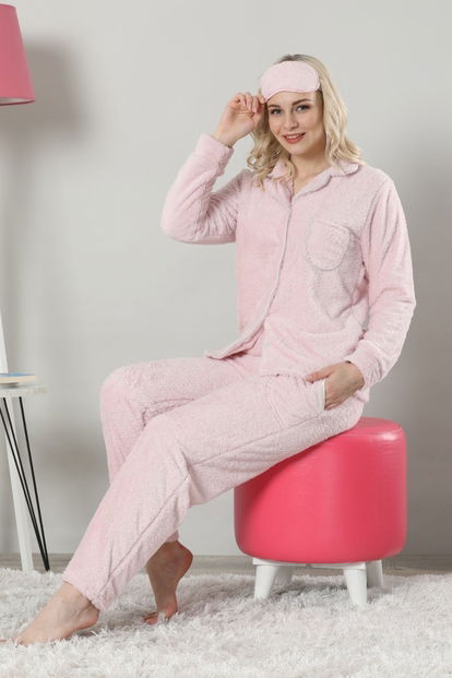 Pink One Tam Peluş Önden Düğmeli Kadın Pijama Takımı - 2