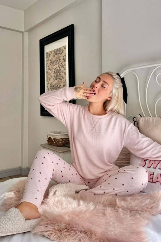 Pink Pafilo Desenli Uzun Kollu Waffle Örme Kadın Pijama Takımı - Pijamaevi (1)