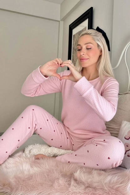 Pink Pafilo Desenli Uzun Kollu Waffle Örme Kadın Pijama Takımı - 3