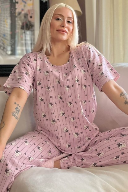 Pink Rabbit Baskılı Kısa Kollu Kadın Pijama Takımı - 1