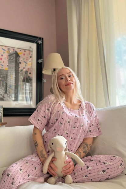 Pink Rabbit Baskılı Kısa Kollu Kadın Pijama Takımı - 2