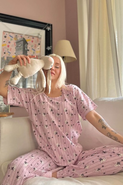 Pink Rabbit Baskılı Kısa Kollu Kadın Pijama Takımı - 3