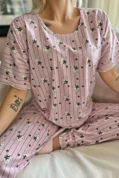 Pink Rabbit Baskılı Kısa Kollu Kadın Pijama Takımı - 4