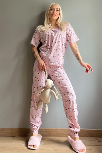 Pink Rabbit Baskılı Kısa Kollu Kadın Pijama Takımı - 5