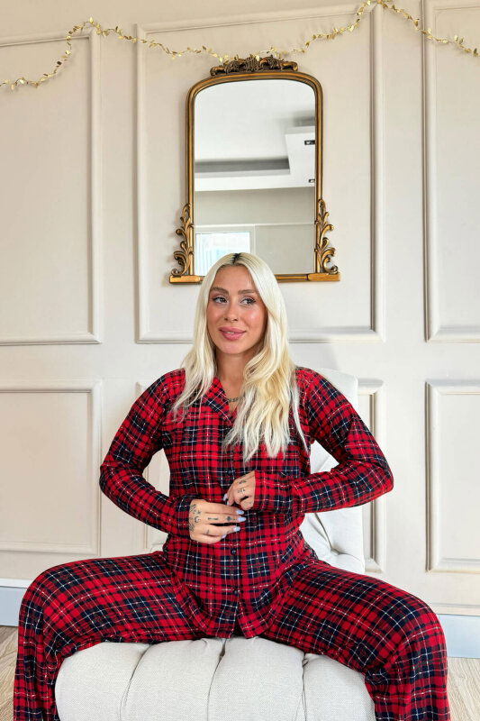 Piti Kareli Desenli Önden Düğmeli Uzun Kollu Kadife Pijama Takımı - Pijamaevi (1)