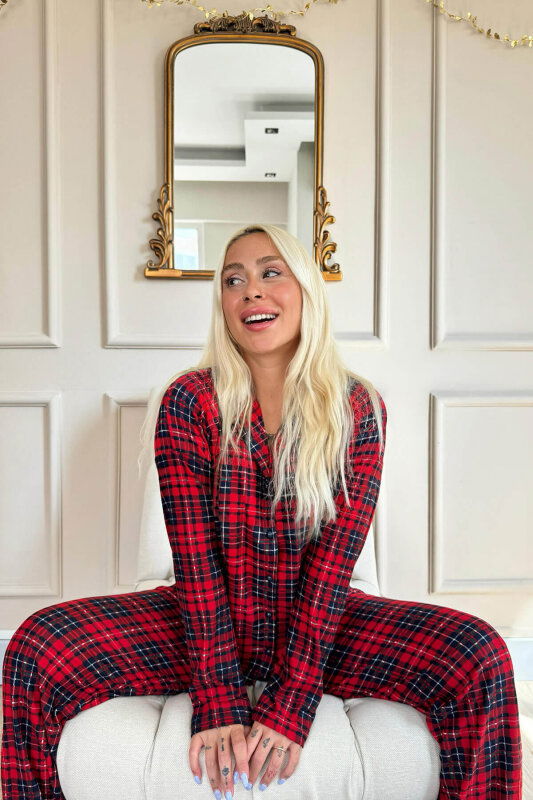 Piti Kareli Desenli Önden Düğmeli Uzun Kollu Kadife Pijama Takımı - Pijamaevi (3)