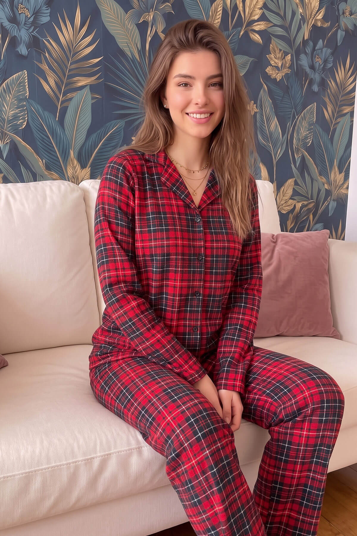 Piti Kareli Desenli Önden Düğmeli Uzun Kollu Kadife Pijama Takımı - Pijamaevi (3)