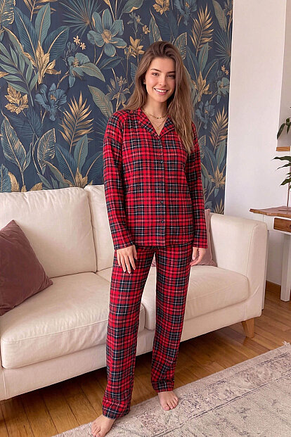 Piti Kareli Desenli Önden Düğmeli Uzun Kollu Kadife Pijama Takımı - 7