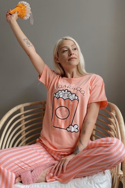 Popcorn Baskılı Kısa Kollu Kadın Pijama Takımı - 1