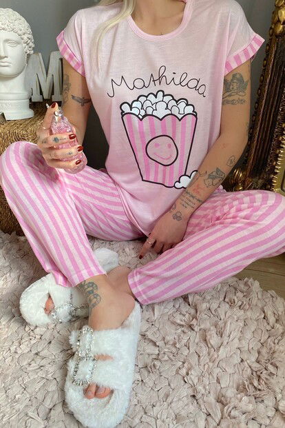 Popcorn Baskılı Örme Kısa Kol Kadın Pijama Takımı - 3
