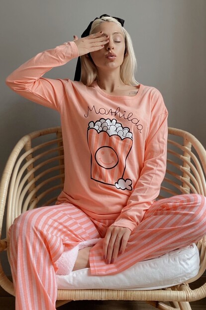 Popcorn Baskılı Uzun Kol Kadın Pijama Takımı - 1