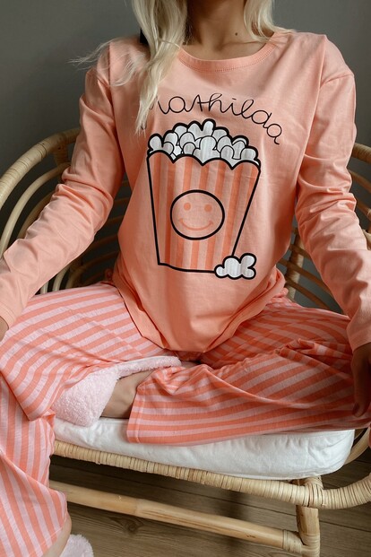 Popcorn Baskılı Uzun Kol Kadın Pijama Takımı - 3