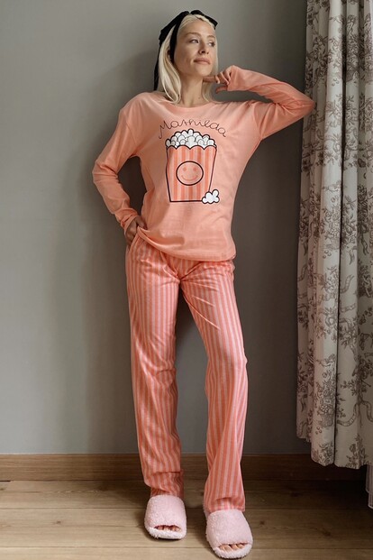 Popcorn Baskılı Uzun Kol Kadın Pijama Takımı - 4