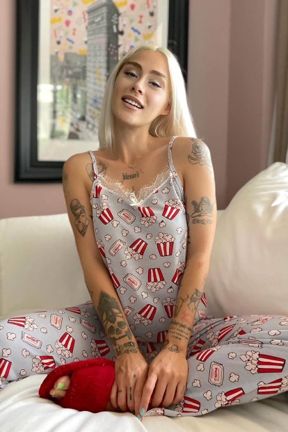 Popcorn Dantelli İp Askılı Örme Kadın Pijama Takımı - 1
