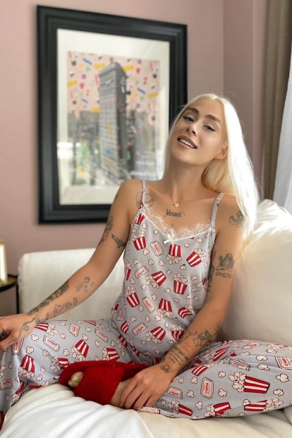 Popcorn Dantelli İp Askılı Örme Kadın Pijama Takımı - 2