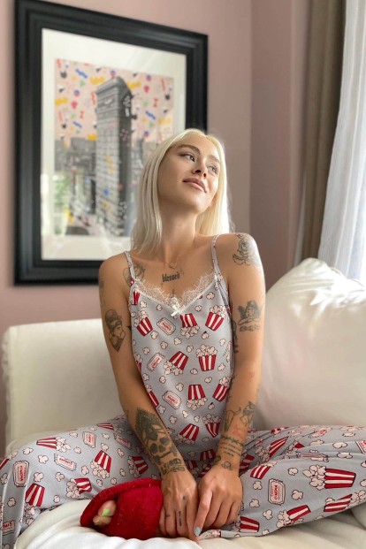 Popcorn Dantelli İp Askılı Örme Kadın Pijama Takımı - 3