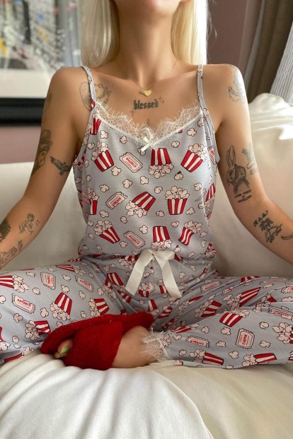 Popcorn Dantelli İp Askılı Örme Kadın Pijama Takımı - 4