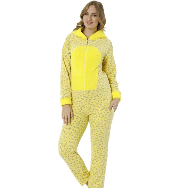 PopCorn Desenli Kadın Polar Peluş Tulum Pijama Takımı - 1
