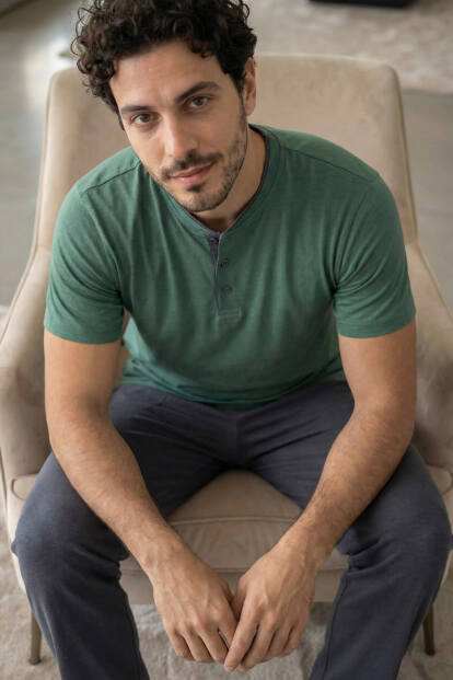 Premium Forest Kısa Kollu Pat Detaylı Elegant Erkek Pijama Takımı - 3