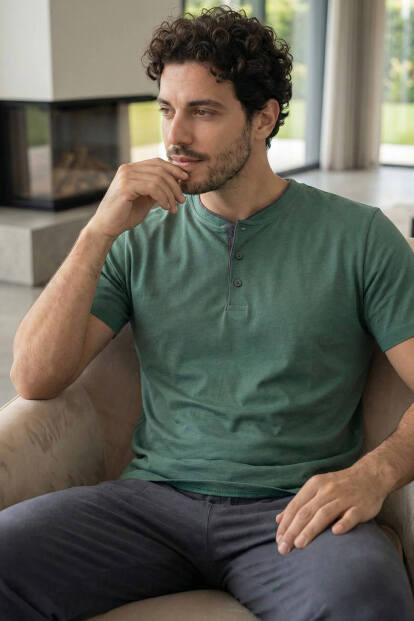 Premium Forest Kısa Kollu Pat Detaylı Elegant Erkek Pijama Takımı - 5