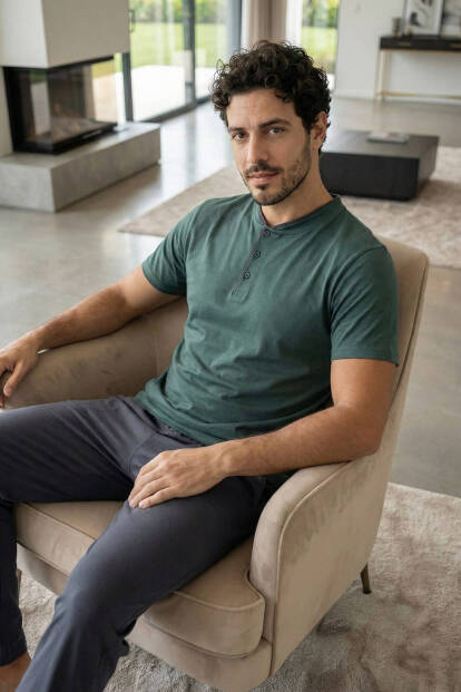 Premium Forest Kısa Kollu Pat Detaylı Elegant Erkek Pijama Takımı - 6