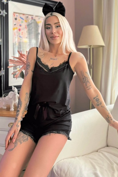 Preto Örme İp Askı Şortlu Pijama Takımı - 1