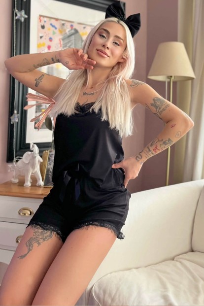 Preto Örme İp Askı Şortlu Pijama Takımı - 2