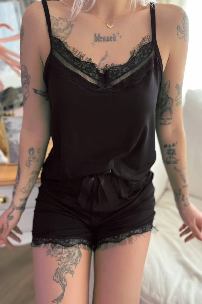 Preto Örme İp Askı Şortlu Pijama Takımı - 4