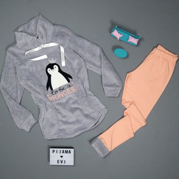 Princess Penguen Desenli Tam Peluş Pijama Takımı - 2