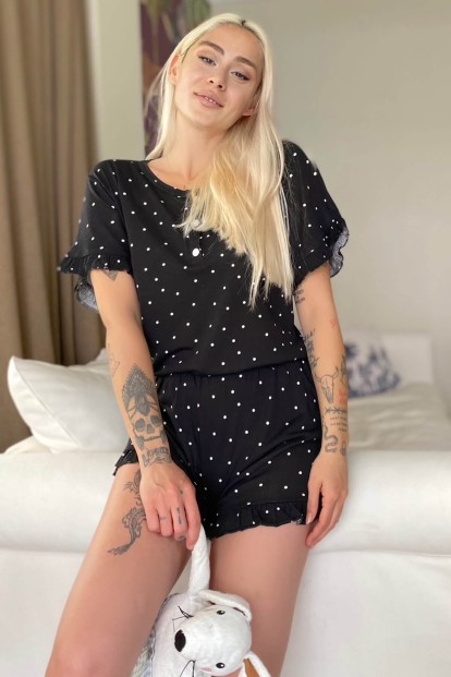 Puan Desenli Örme Kısa Kol Şortlu Pijama Takımı - 3