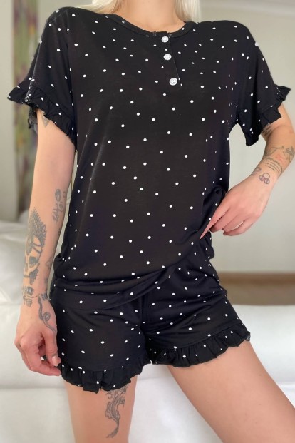Puan Desenli Örme Kısa Kol Şortlu Pijama Takımı - 4