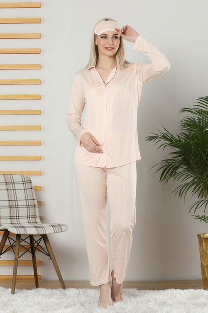 Puanlı Viskon Önden Düğmeli Pijama Takımı - 1