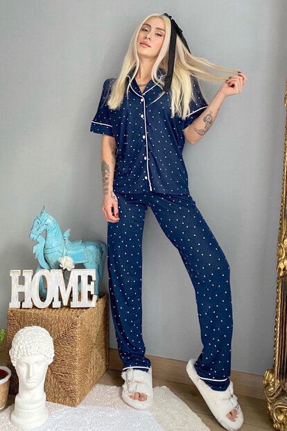 Puantiyeli Örme Önden Düğmeli Kısa Kol Kadın Pijama Takımı - 3