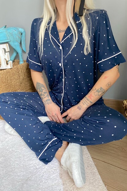 Puantiyeli Örme Önden Düğmeli Kısa Kol Kadın Pijama Takımı - 4