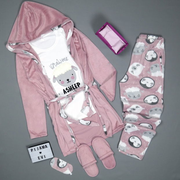 Pudra Asheep Desenli Sabahlıklı Peluş Pijama Takımı - 3