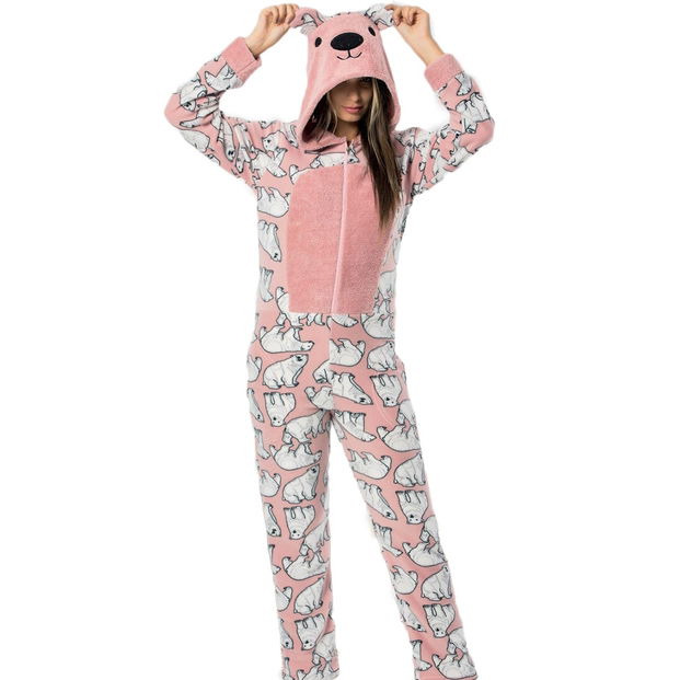 Pudra Bear Desenli Kadın Polar Peluş Tulum Pijama Takımı - 2